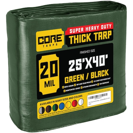 Core Tarps Heavy Duty Tarp, 40 ft L x 0.5 mm H x 25 ft W, 20 Mil, Green/Black, Polyethylene CT-703-25X40